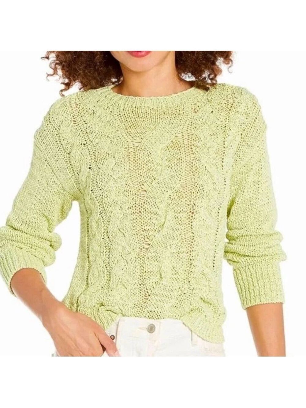 New Vince Women's Green Long-Sleeve Cotton Blend Cable Knit Sweater Size S